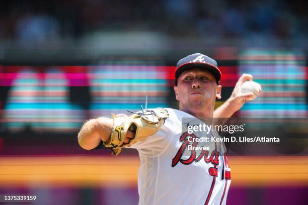 Kolby Allard of the Atlanta Braves pitches during the game against the Minnesota Twins at Truist Park on June 28, 2023 in Atlanta, Georgia.