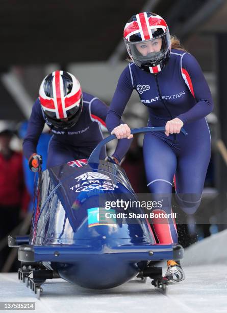 Mica McNeill and Jazmin Sawyers of Great Britain at the start of the Two-Woman Bobsleigh event at the Olympic Sliding Centre on January 22, 2012 in...