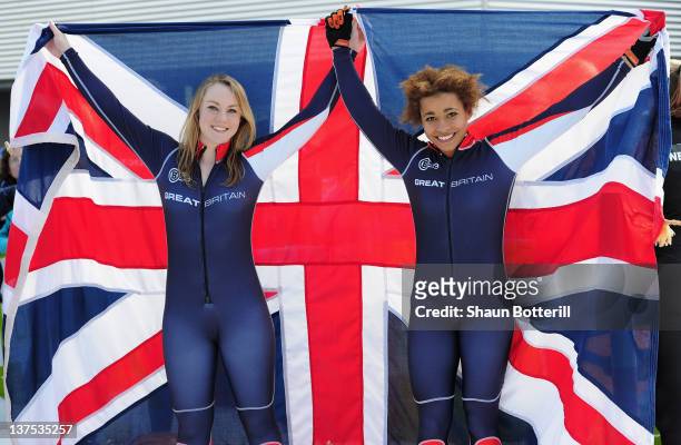 Mica McNeill and Jazmin Sawyers of Great Britain celebrate after winning the silver medal in the Two-Woman Bobsleigh event at the Olympic Sliding...