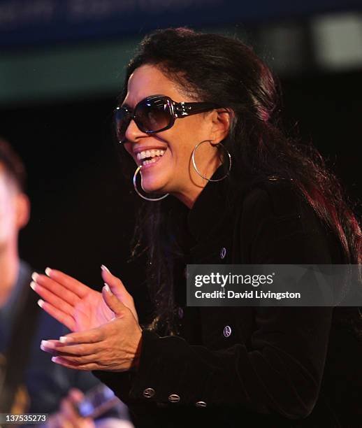 Drummer Sheila E. Performs on stage with Band From TV at the 110th NAMM Show - Day 3 at the Anaheim Convention Center on January 21, 2012 in Anaheim,...