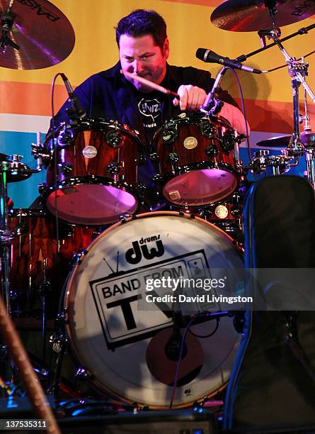 Actor Greg Grunberg performs on stage with Band From TV at the 110th NAMM Show - Day 3 at the Anaheim Convention Center on January 21, 2012 in...