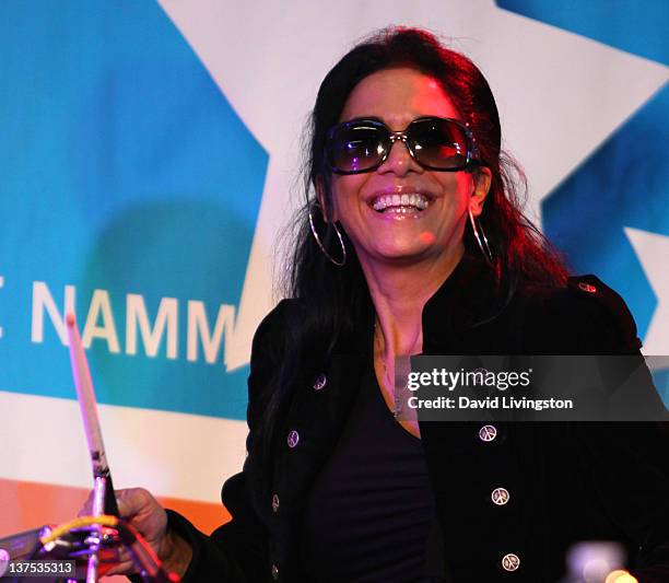 Drummer Sheila E. Performs on stage with Band From TV at the 110th NAMM Show - Day 3 at the Anaheim Convention Center on January 21, 2012 in Anaheim,...