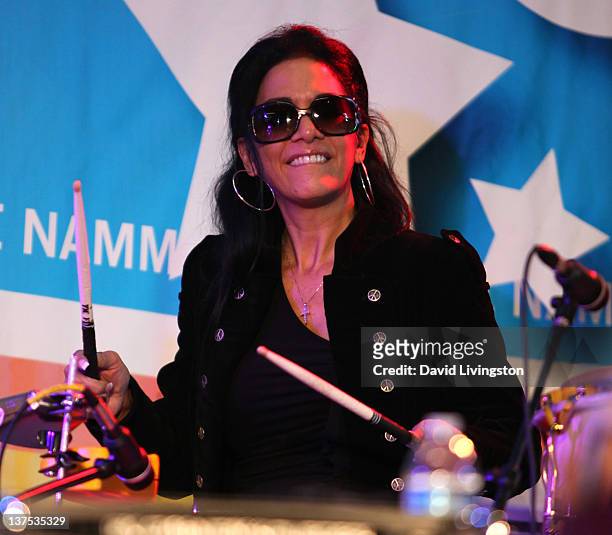Drummer Sheila E. Performs on stage with Band From TV at the 110th NAMM Show - Day 3 at the Anaheim Convention Center on January 21, 2012 in Anaheim,...