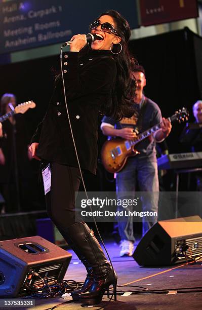 Drummer Sheila E. Performs on stage with Band From TV at the 110th NAMM Show - Day 3 at the Anaheim Convention Center on January 21, 2012 in Anaheim,...