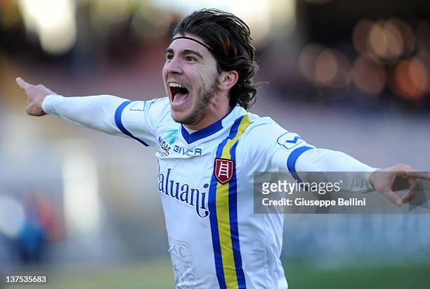 Alberto Paloschi of Chievo Verona celebates after scoring Verona's second goal during the Serie A match between US Lecce and AC Chievo Verona at...