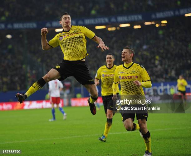Robert Lewandowski of Dortmund celebrates his goal during the Bundesliga match between Hamburger SV and Borussia Dortmund at Imtech Arena on January...