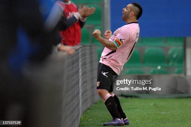 Fabrizio Miccoli of Palermo celebrates after scoring his team's fourth goal during the Serie A match between US Citta di Palermo and Genoa CFC at...