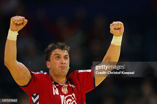 Momir Ilic of Serbia celebrates a goal during the Men's European Handball Championship second round group one match between Serbia anhd Germany at...