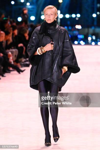 Model walks the runway during the Saint Laurent Womenswear Fall/Winter 2022-2023 show as part of Paris Fashion Week on March 01, 2022 in Paris,...
