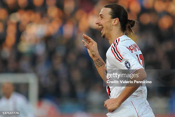 Zlatan Ibrahimovic of AC Milan celebrates a goal during the Serie A match between Novara Calcio and AC Milan at Silvio Piola Stadium on January 22,...