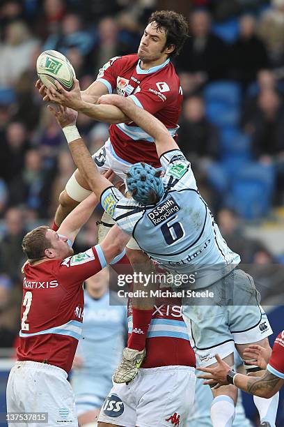 Antoine Battut of Racing Metro climbs highest as Michael Paterson of Cardiff Blues challenges during the Cardiff Blues v Racing Metro Heineken Cup...