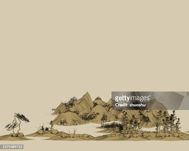 vintage style traditional chinese landscape painting illustration,mountains - brown watercolor stock illustrations