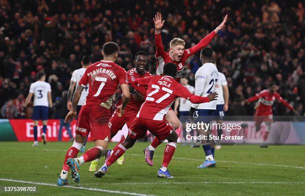 Josh Coburn of Middlesbrough celebrates after scoring the first goal during the Emirates FA Cup Fifth Round match between Middlesbrough and Tottenham...