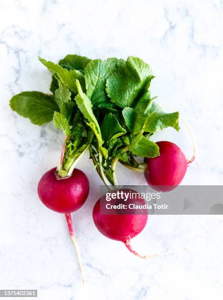 fresh bunch of radishes on white background - radijs stockfoto's en -beelden