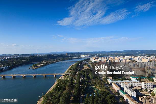 pyongyang city from the juche tower - taedong river stock pictures, royalty-free photos & images