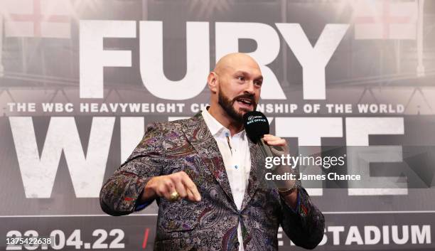 Tyson Fury speaks to the media during the Tyson Fury v Dilian Whyte press conference at Wembley Stadium on March 01, 2022 in London, England.