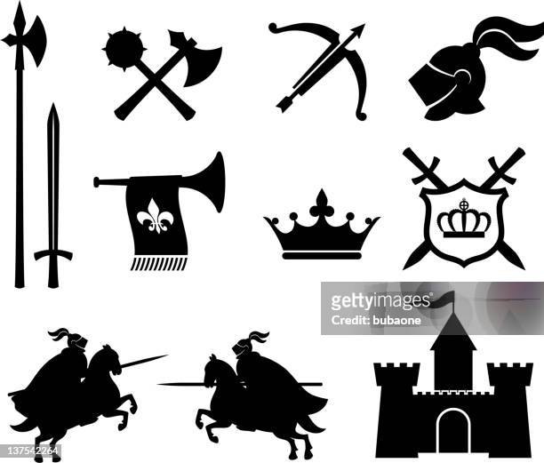 ilustraciones, imágenes clip art, dibujos animados e iconos de stock de medieval caballero conjunto de iconos vectoriales sin royalties - arrow bow and arrow