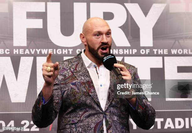 Tyson Fury speaks to the media during the Tyson Fury v Dilian Whyte press conference at Wembley Stadium on March 01, 2022 in London, England.
