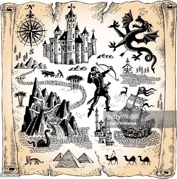 detaillierte scroll karte mit drachen, schlösser und die pyramiden. - fantasiewelt stock-grafiken, -clipart, -cartoons und -symbole