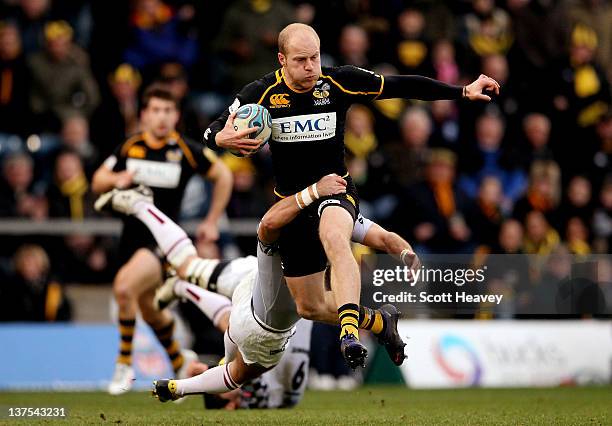 Joe Simpson of Wasps in action during the Amlin Challenge Cup match between London Wasps and Bordeaux-Begles at Adams Park on January 22, 2012 in...