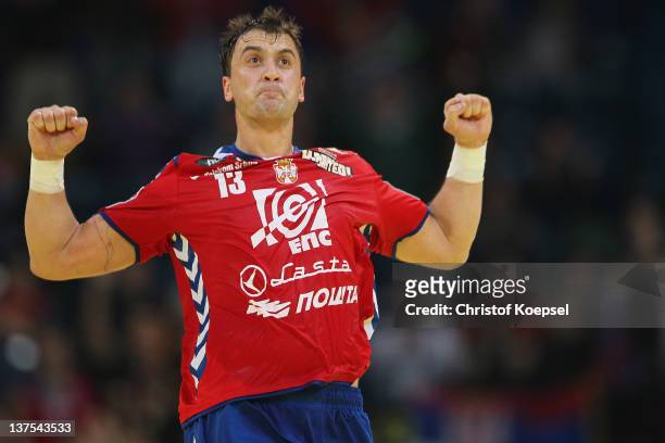 Momir Ilic of Serbia celebrates a goal during the Men's European Handball Championship second round group one match between Serbia anhd Germany at...