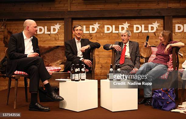 Andrian Kreye of Sueddeutsche Zeitung, George Dyson, Freeman Dyson and Esther Dyson talk during the Digital Life Design conference at HVB Forum on...