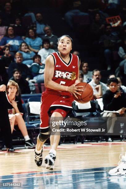 Dawn Staley, point guard for the Philadelphia Rage women's basketball team of the American Basketball League, in action against the New England...