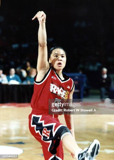 Dawn Staley, point guard for the Philadelphia Rage women's basketball team of the American Basketball League, follows through after shooting a...