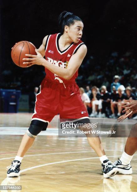 Dawn Staley, point guard for the Philadelphia Rage women's basketball team of the American Basketball League, looks to drive the lane against the New...