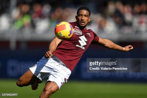 Gleison Bremer of Torino FC kicks the ball during the Serie A match between Torino FC and Cagliari Calcio at Stadio Olimpico di Torino on February...