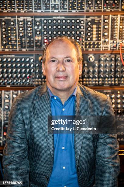 Oscar-winning film composer Hans Zimmer is photographed for Los Angeles Times on February 10, 2022 at The Roof, at The West Hollywood EDITION, in...