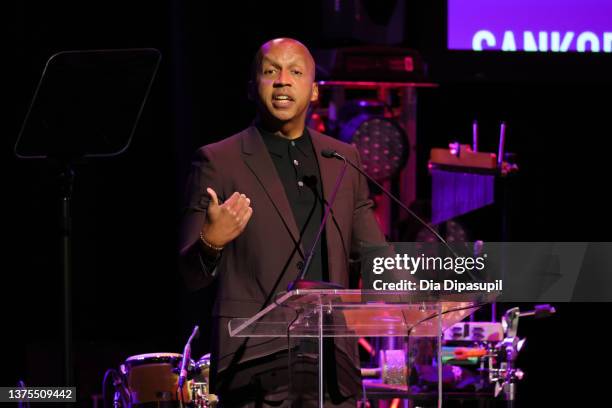 Bryan Stevenson speaks onstage during the celebration of Harry Belafonte's 95th Birthday with Social Justice Benefit at The Town Hall on March 01,...