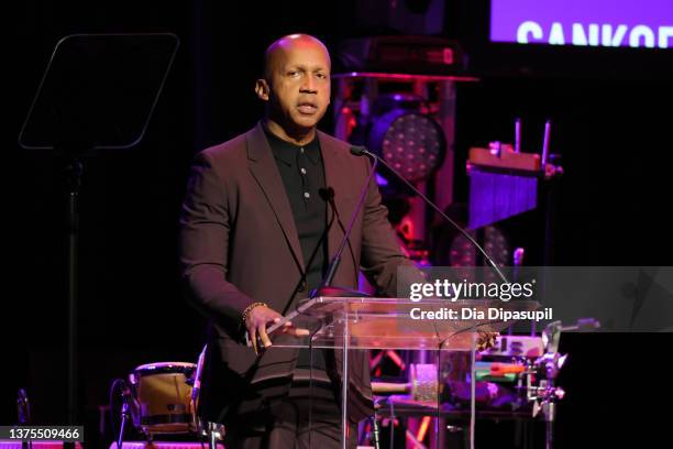 Bryan Stevenson speaks onstage during the celebration of Harry Belafonte's 95th Birthday with Social Justice Benefit at The Town Hall on March 01,...