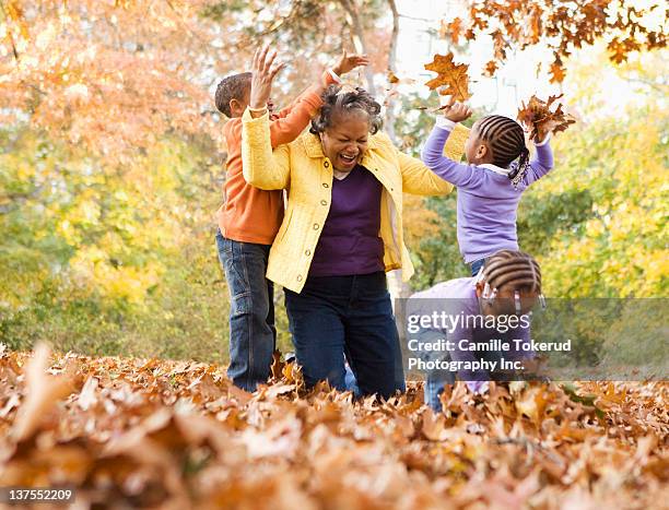 grandmother and grandsons playing with leaves - four day old stock pictures, royalty-free photos & images