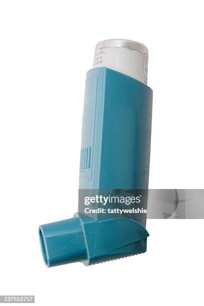 the classic blue asthma inhaler - inhaler stock pictures, royalty-free photos & images