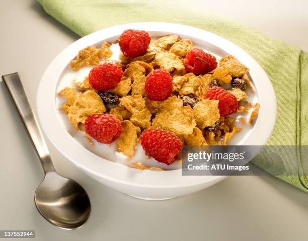 bran cereal with napkin - bran flakes stock pictures, royalty-free photos & images