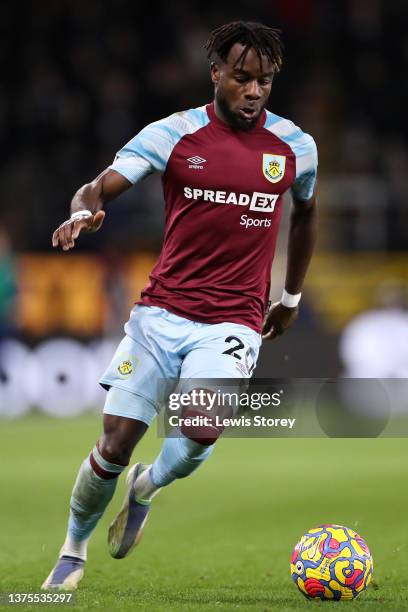 Maxwel Cornet of Burnley runs with the ball during the Premier League match between Burnley and Leicester City at Turf Moor on March 01, 2022 in...