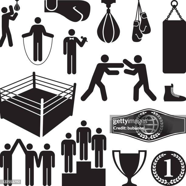ilustrações de stock, clip art, desenhos animados e ícones de sports & boxe preto e branco royalty-free vector conjunto de ícones - saco-de-boxe