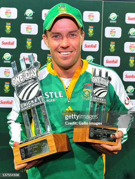 De Villiers of South Africa pose with the Series trophy and Man of the Series trophy after the 5th ODI match between South Africa and Sri Lanka from...