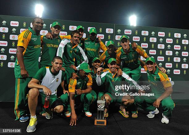 South Africa team celebrate the series win after the 5th ODI match between South Africa and Sri Lanka from Bidvest Wanderers Stadium on January 22,...