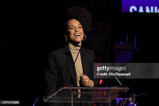 Alicia Keys speaks onstage during the celebration of Harry Belafonte's 95th Birthday with Social Justice Benefit at The Town Hall on March 01, 2022...