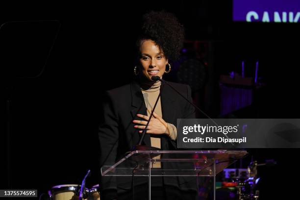 Alicia Keys speaks onstage during the celebration of Harry Belafonte's 95th Birthday with Social Justice Benefit at The Town Hall on March 01, 2022...