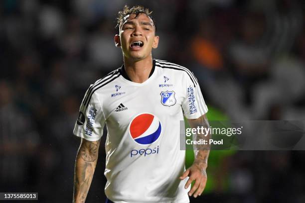 Ricardo Márquez of Millonarios reacts during a second leg match between Fluminense and Millonarios as part of phase 3 of Copa Libertadores 2022 at...