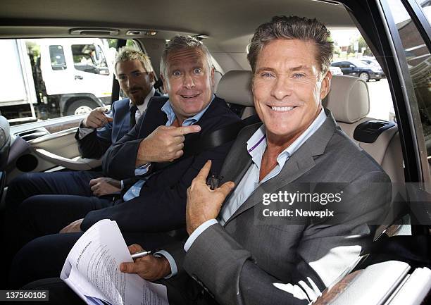 Contestants from season 2 of the reality television show 'Celebrity Apprentice Australia' Jason Akermanis, Ian Dickson and David Hasselhoff outside...