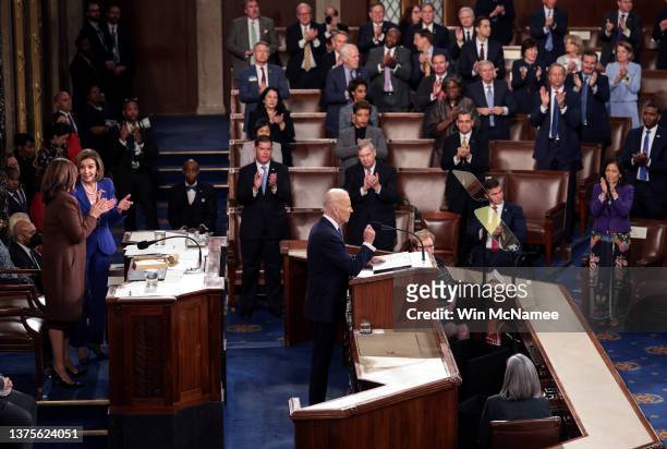 President Joe Biden delivers the State of the Union address alongside Vice President Kamala Harris and Speaker of the House Nancy Pelosi during a...