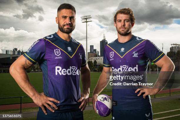 Jesse Bromwich and Christian Welch of the Storm pose for a photo during the Melbourne Storm NRL 2022 captaincy announcement on March 02, 2022 in...