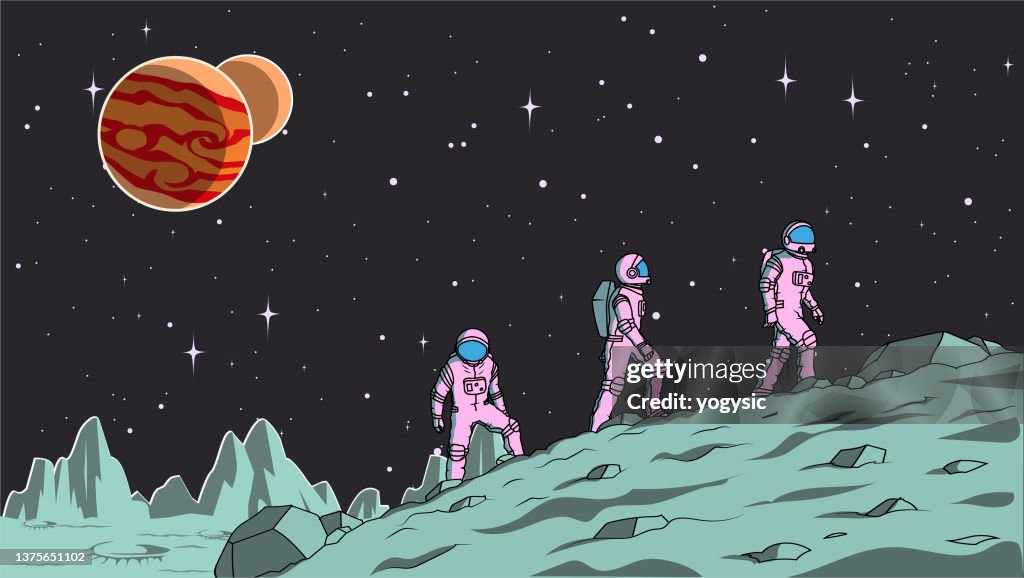 Vector Astronaut Team Exploring a Moon Stock illustration