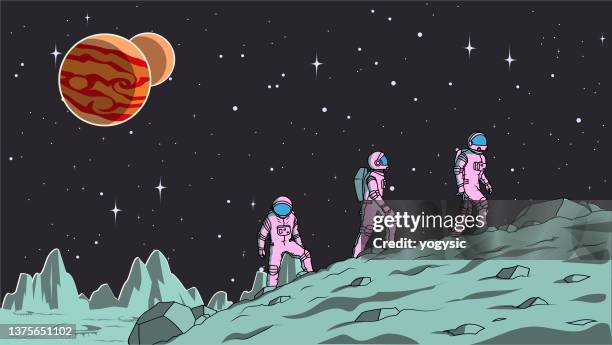 vector astronaut team exploring a moon stock illustration - space astronaut stock illustrations