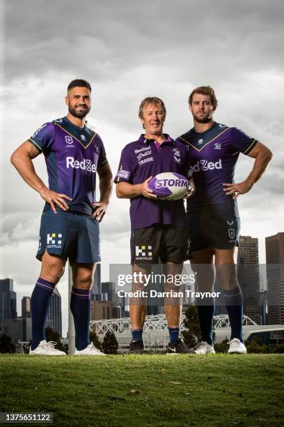 Jesse Bromwich, Storm Coach Craig Bellamy and Christian Welch pose for a photo during the Melbourne Storm NRL 2022 captaincy announcement on March...