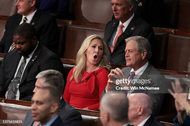 Rep. Marjorie Taylor Greene listens to U.S. President Joe Biden deliver the State of the Union address during a joint session of Congress in the U.S....